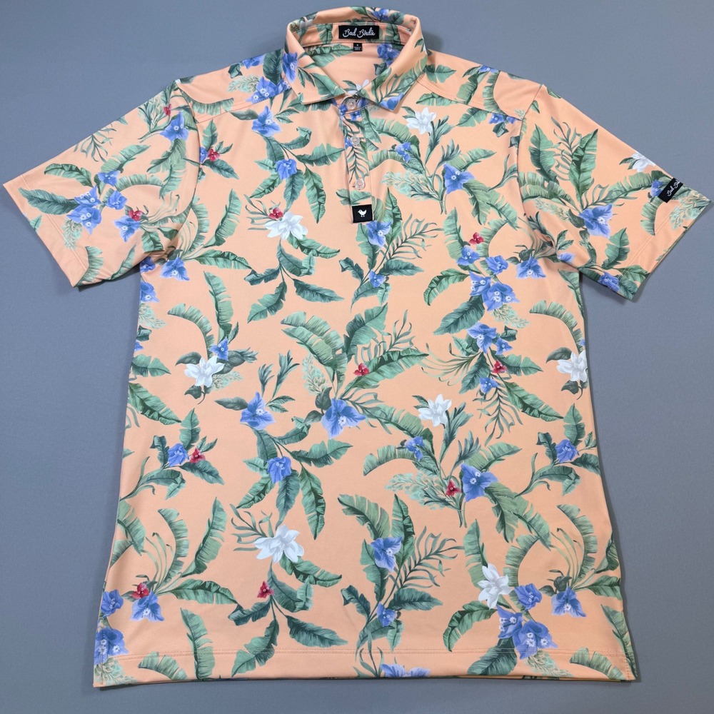 Bad Birdie Core Polo Shirt Mens Small Peach Tropical Floral Performance Golf EUC